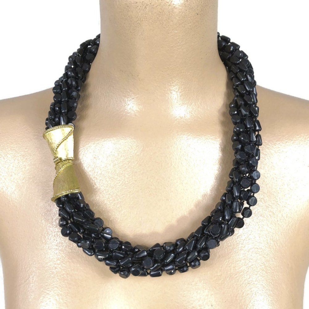 VINTAGE 60s Black 8 Strand Beaded Torsade Necklace with Large Gold Clasp
